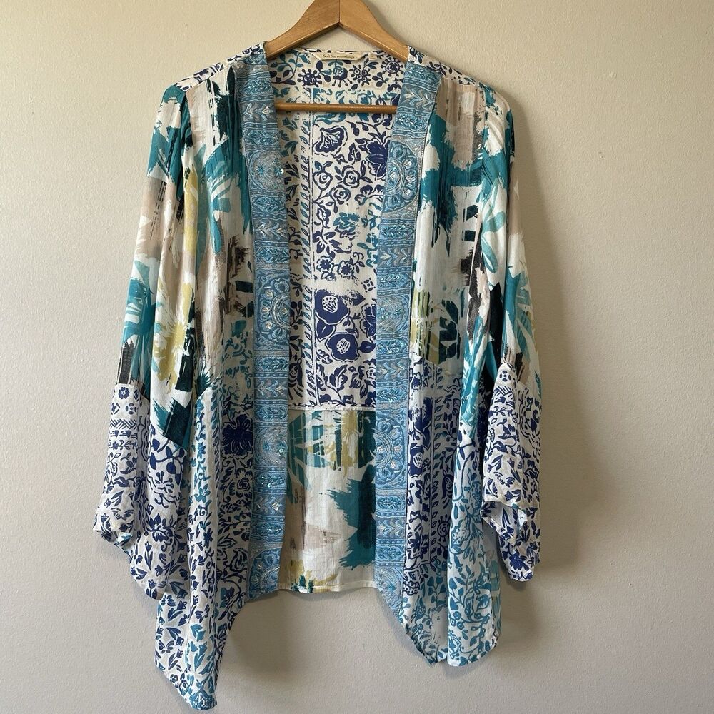 Soft Surroundings Lightweight Kimono Cardigan M Beaded Modal Coastal Resort Boho